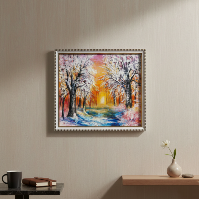 油絵 原画 「冬の夕陽」 絵画 油彩画 インテリア 雑貨 壁掛け | iichi