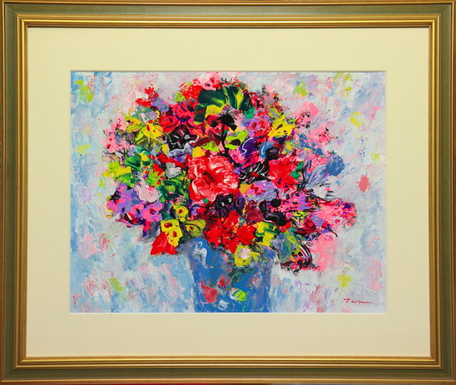 Flowers」(NO.2604) 6号F アクリル絵の具 額付き 送料無料 画像を