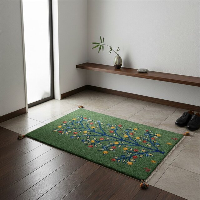 ペルシャ ギャッベ 玄関マット大 ウール 120x78cm 緑色 生命の木