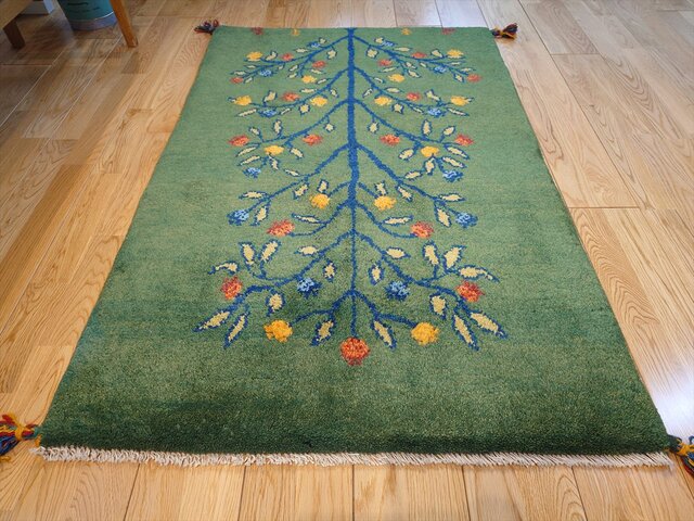ペルシャ ギャッベ 玄関マット大 ウール 120x78cm 緑色 生命の木