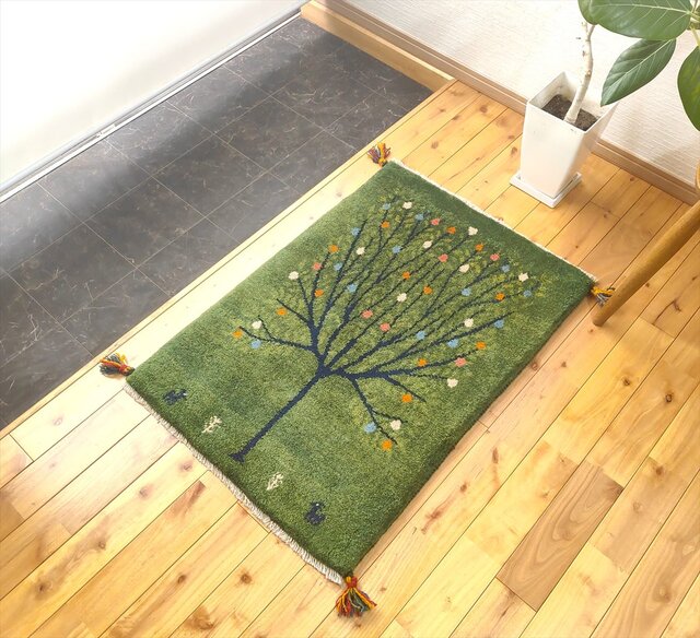 年末キャンペーン】ペルシャ ギャッベ 玄関 90×63 藍色 ザクロの木