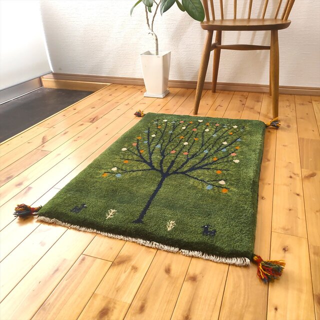ペルシャ ギャッベ 玄関マット ラグ 90x63㎝ 緑色 ザクロの木 RJ15300