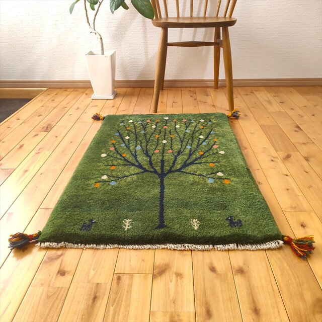 ペルシャ ギャッベ 玄関マット ラグ 90x63㎝ 緑色 ザクロの木 RJ15300