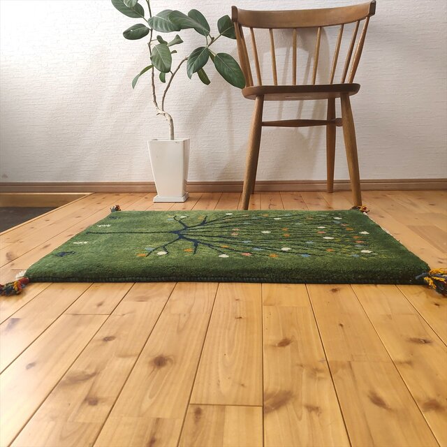 ペルシャ ギャッベ 玄関マット ラグ 90x63㎝ 緑色 ザクロの木 RJ15300