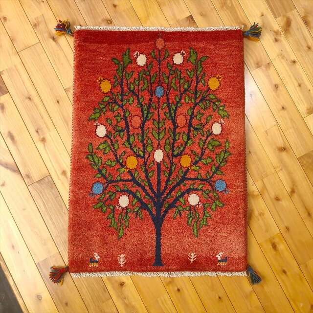 ペルシャ ギャッベ 玄関マット ラグ 88x63㎝ 茜色 桃色 ザクロの木