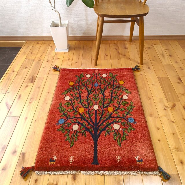 ペルシャ ギャッベ 玄関マット ラグ 88x63㎝ 茜色 桃色 ザクロの木