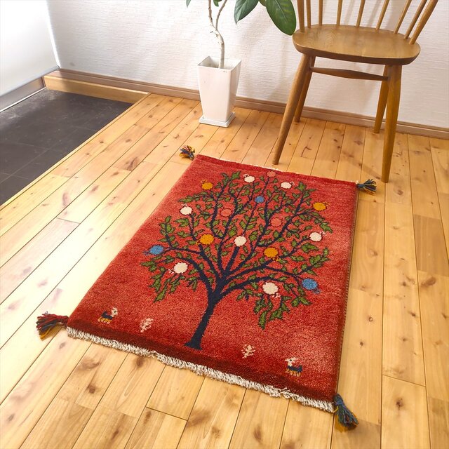 ペルシャ ギャッベ 玄関マット ラグ 88x63㎝ 茜色 桃色 ザクロの木