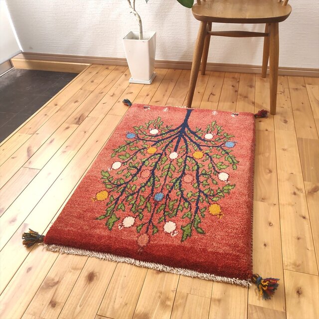 年末キャンペーン】ペルシャ ギャッベ 玄関 90×63 藍色 ザクロの木