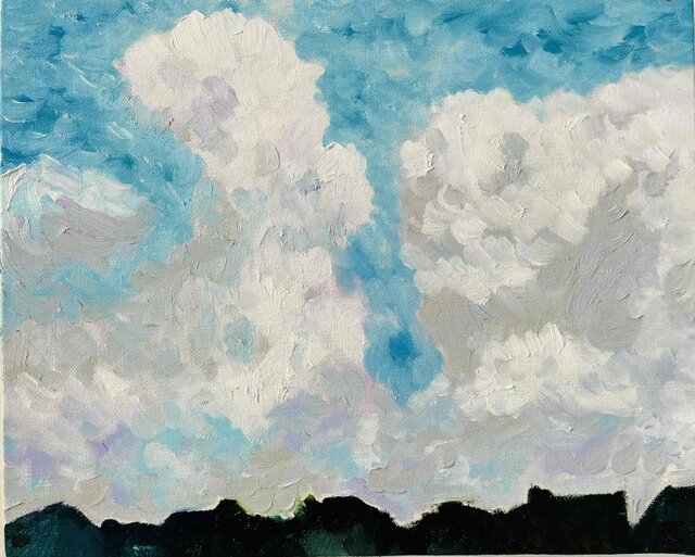 油彩画 原画「民家とジャイアントクラウド」アート 絵画 22×27㎝ F3