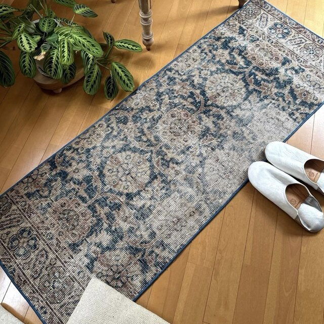 48×211ランナー　淡ブラウン　ブルー　ラインホワイト　トルコヴィンテージラグ 50.5×135ランナーラグ ネイビー×ベージュ トルコヴィンテージラグ