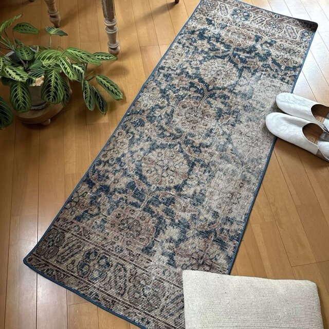 50.5×135ランナーラグ ネイビー×ベージュ トルコヴィンテージラグ