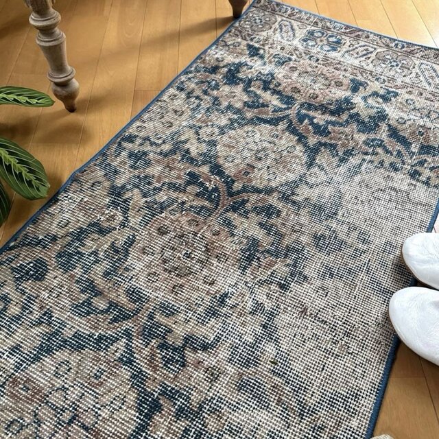 50.5×135ランナーラグ ネイビー×ベージュ トルコヴィンテージラグ