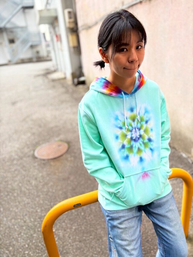 タイダイ フーディ プルオーバー パーカー Lサイズ 曼荼羅 ミント 