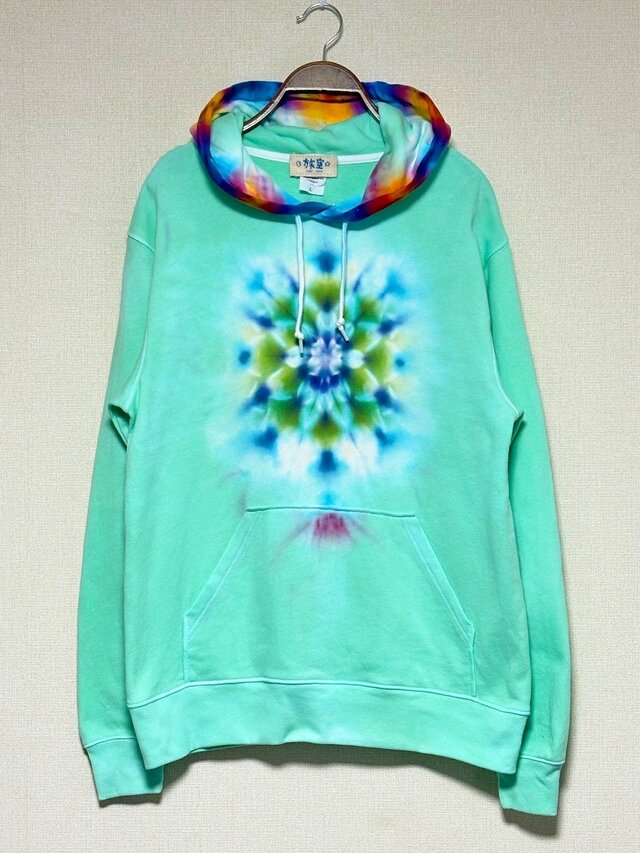 タイダイ フーディ プルオーバー パーカー Lサイズ 曼荼羅 ミント
