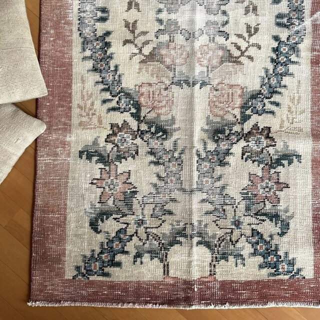 93×170擦れ アンティークリースボタニカル 花柄 トルコヴィンテージ