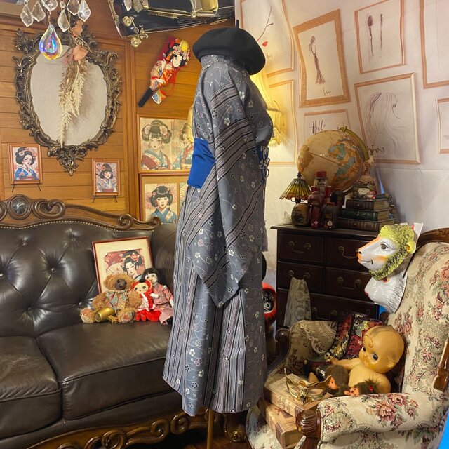 302 手染め大輔 着物リメイク 黒絹 ワンピース L〜フリーサイズ