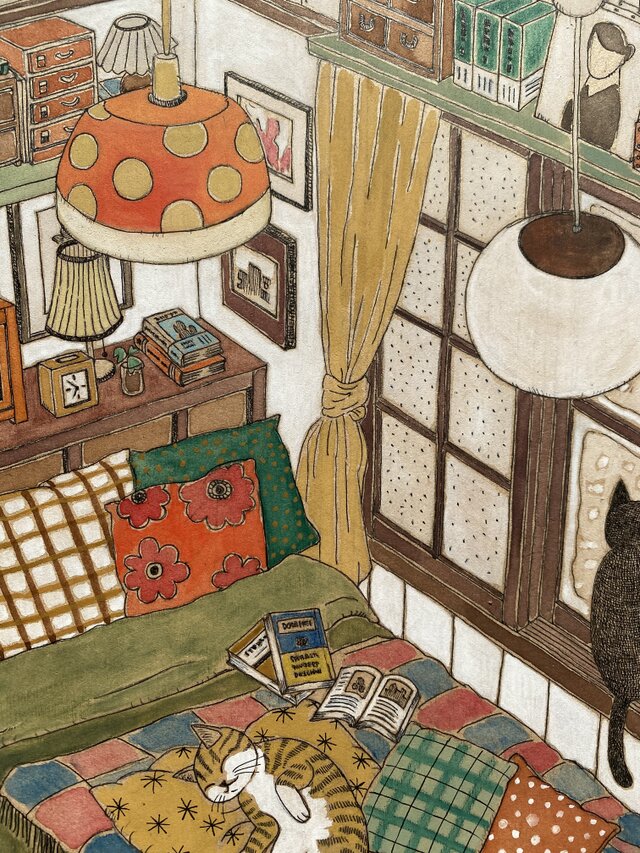 原画「寝室の猫たち」猫イラスト | iichi 日々の暮らしを心地よくする