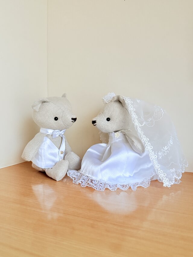 リネンのくまのぬいぐるみペア（ウェルカムドール・ウェルカムベア