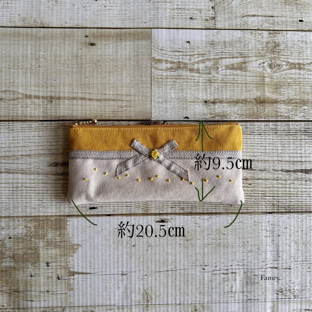 手刺繍】大人かわいい手刺繍ミモザリボンのペンケース 国産帆布 メガネ