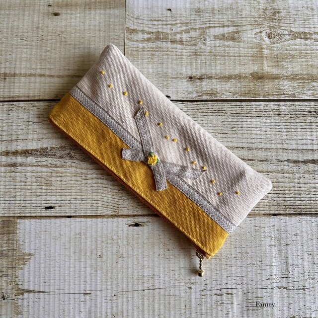 手刺繍】大人かわいい手刺繍ミモザリボンのペンケース 国産帆布 メガネ