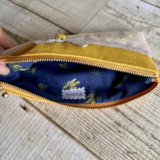 手刺繍】大人かわいい手刺繍ミモザリボンのペンケース 国産帆布 メガネ
