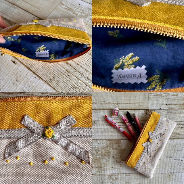手刺繍】大人かわいい手刺繍ミモザリボンのペンケース 国産帆布 メガネ