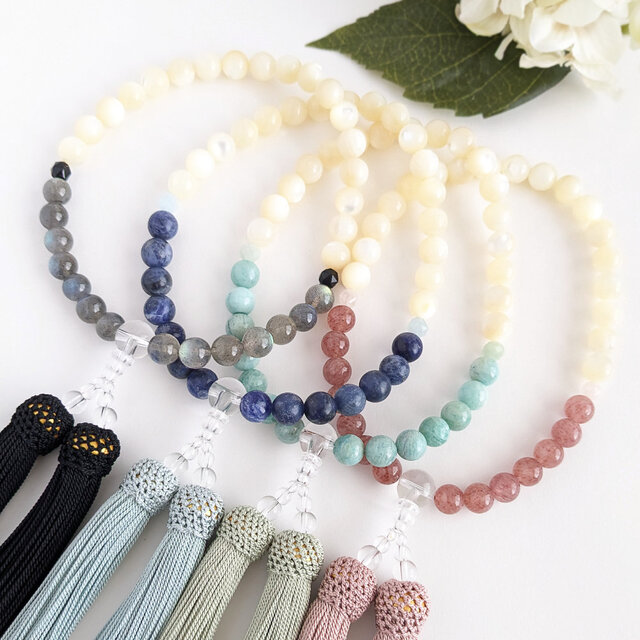 女性用/主玉8mm】白蝶貝とアマゾナイト・バイカラーの数珠・略式念珠