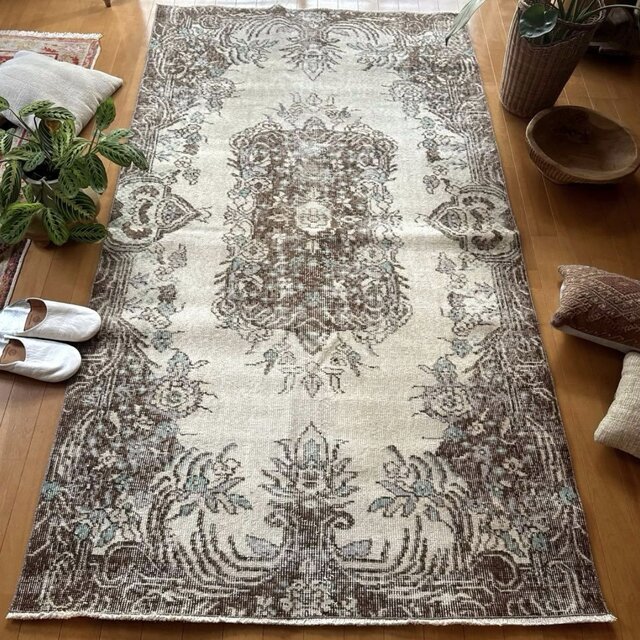 113.5×208クリーム×ブラウン メダリオン トルコヴィンテージラグ