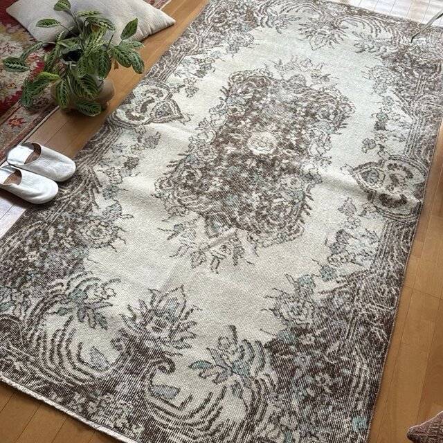 113.5×208クリーム×ブラウン メダリオン トルコヴィンテージラグ