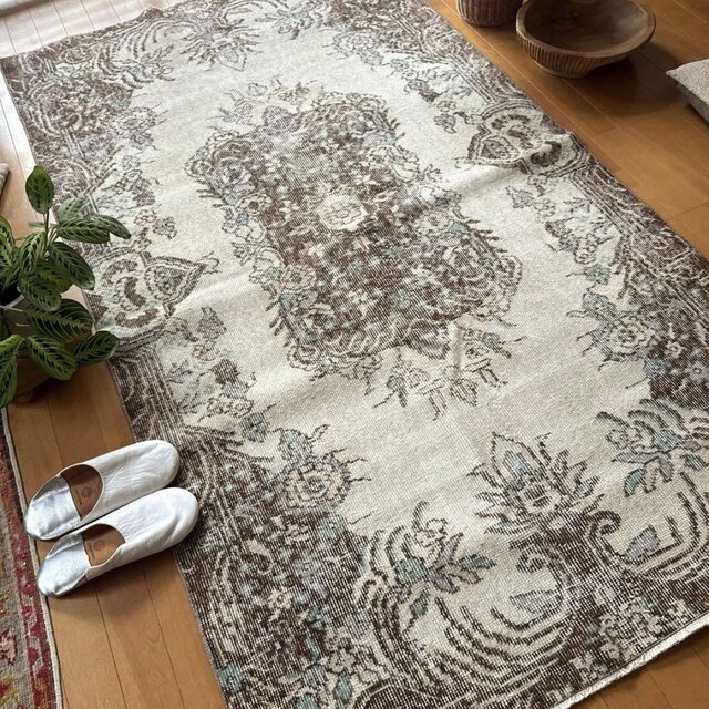 超大判171×273 ミルクココアブラウンメダリオン　トルコヴィンテージラグ 113.5×208クリーム×ブラウン メダリオン トルコヴィンテージラグ