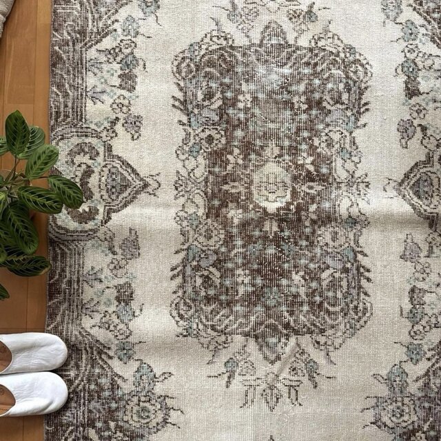 113.5×208クリーム×ブラウン メダリオン トルコヴィンテージラグ