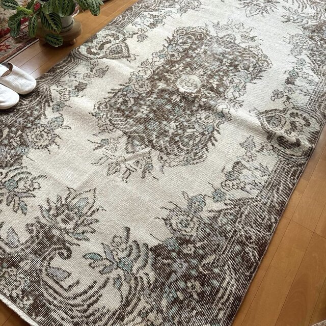 113.5×208クリーム×ブラウン メダリオン トルコヴィンテージラグ