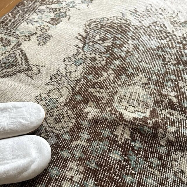 113.5×208クリーム×ブラウン メダリオン トルコヴィンテージラグ