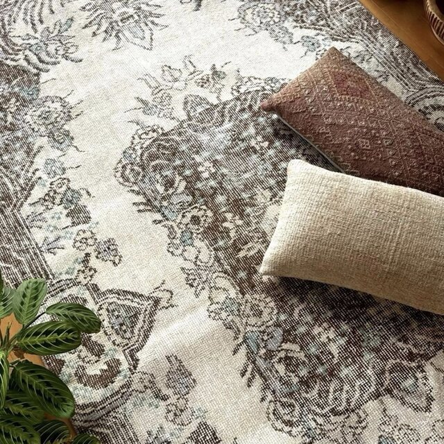 113.5×208クリーム×ブラウン メダリオン トルコヴィンテージラグ