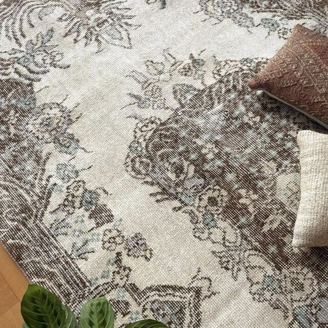 113.5×208クリーム×ブラウン メダリオン トルコヴィンテージラグ