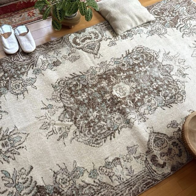 113.5×208クリーム×ブラウン メダリオン トルコヴィンテージラグ
