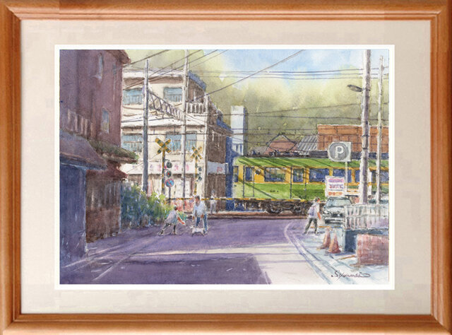 水彩画原画 江ノ電・稲村ヶ崎駅前踏切風景 ＃713 | iichi 日々の暮らし