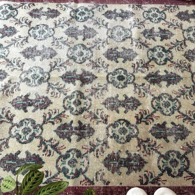 113.5×198えんじ色×グリーン 紋章ボタニカル トルコヴィンテージラグ