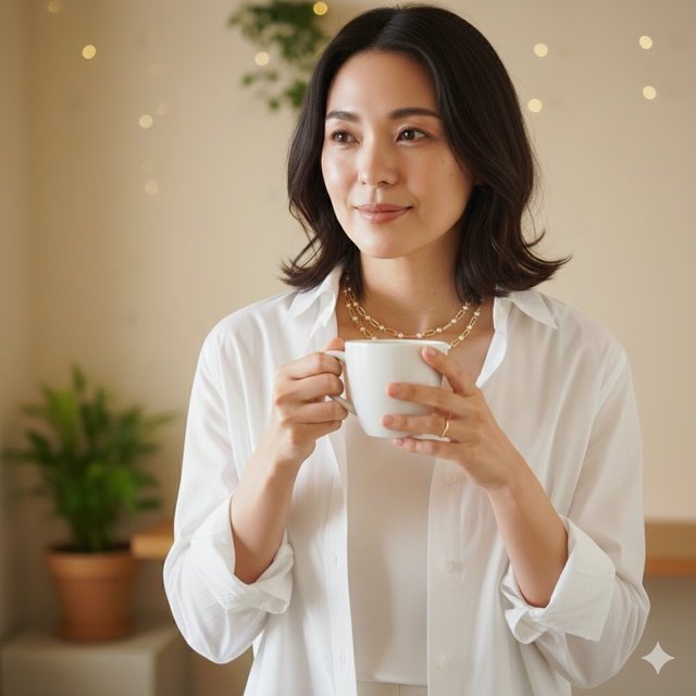 チェーン風ビーズとパールのネックレス・細ロング（ゴールド）【受注