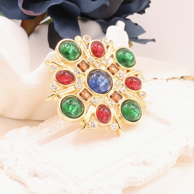 フランス買付】 マルチカラージュエル ロゼットモチーフ 2WAY ブローチ