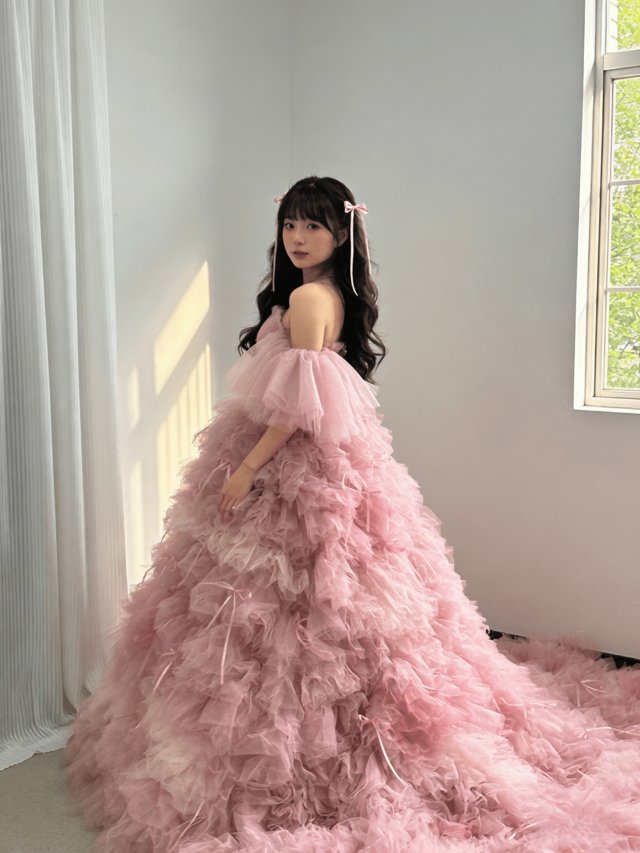 フリル袖ピンクマキシドレス Sサイズ オフショルダー ボリューム フリルドレス ピンク（W368）