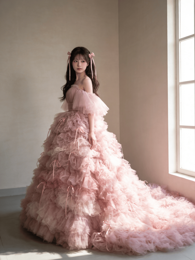 豪華！カラードレス ピンク グラデーション ふわふわ袖 ボリューム