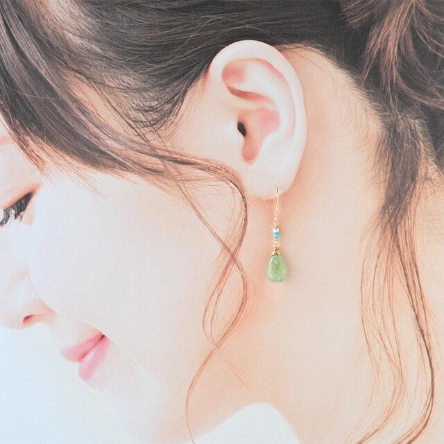 グリーンカイヤナイト着せ替えピアス/イヤリング グリーンカイヤナイトとターコイズ×カレンシルバーのピアス・14kgf