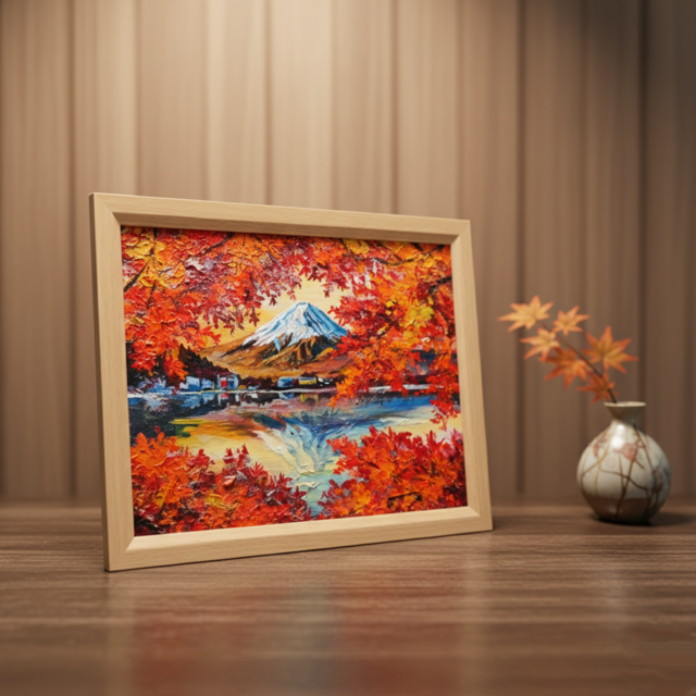 油彩画 原画 絵画「錦秋の富士」秋の風景 インテリア 壁掛け | iichi