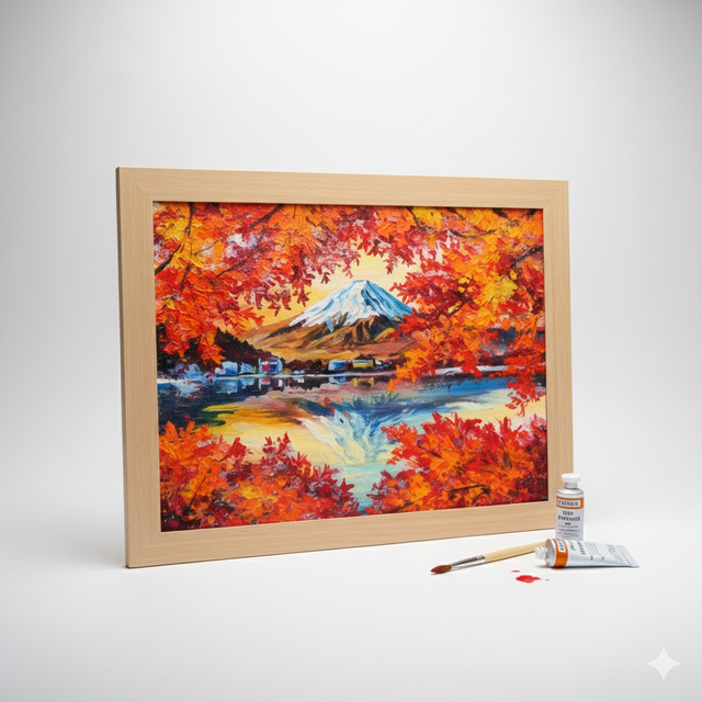 油彩画 原画 絵画「錦秋の富士」秋の風景 インテリア 壁掛け | iichi