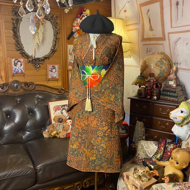 着物リメイクワンピース3644 リメイク着物ワンピース セミロング アンサンブル 名古屋帯 和洋折衷