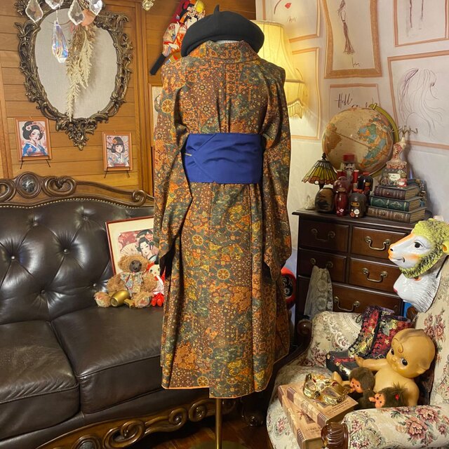 着物リメイク ミニミディ ワンピース／ドレス／洗える化繊 名古屋帯サッシュベルト 焦茶の迷宮・オリエンタル KW-1245 着物リメイクワンピース セミロングドレス 和洋折衷 名古屋帯サッシュ