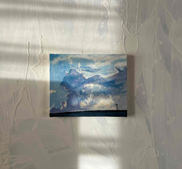 油彩画 原画「近所の風景 高速と神々の記憶が投影された空」アート