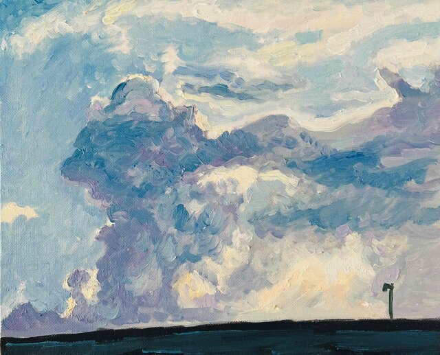 22×27㎝「住宅の在る風景」油彩・原画・F3 油彩画 原画「近所の風景 高速と神々の記憶が投影された空」アート