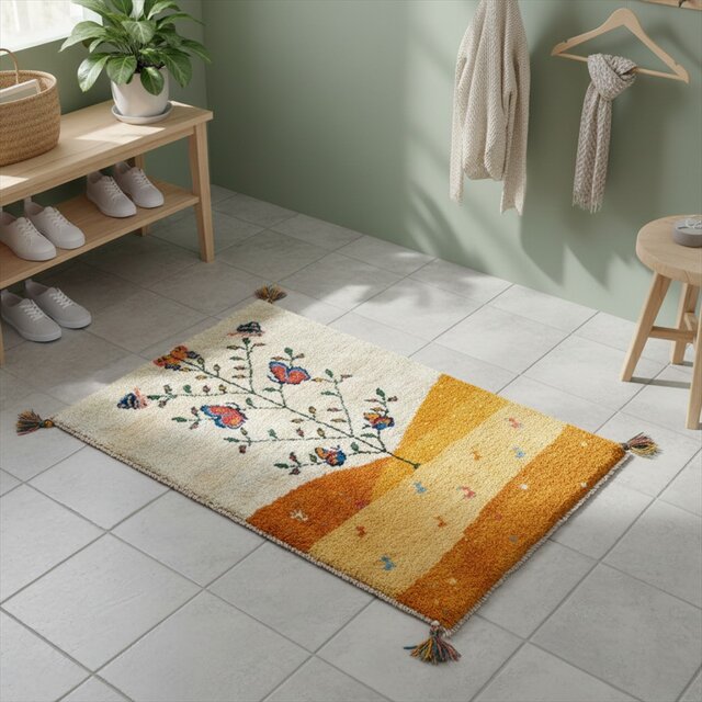 ペルシャ ギャッベ 玄関マット 88x63㎝ ベージュ 黄金色 蝶 RJ5240